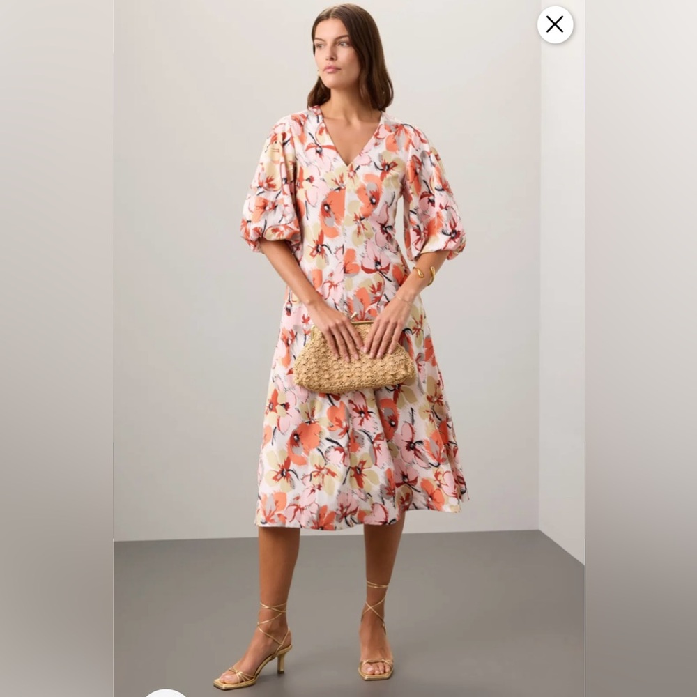 Caara Women's Asti Dress V Neck Orange Puff Sleeve Floral Printed Size L